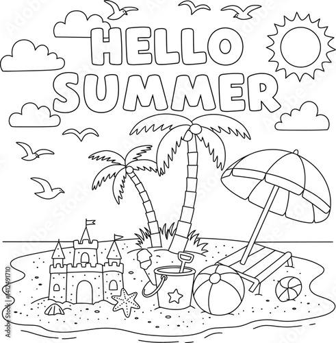 Hello summer coloring page for kids and adults with beach scene and summer vacation elements printable
