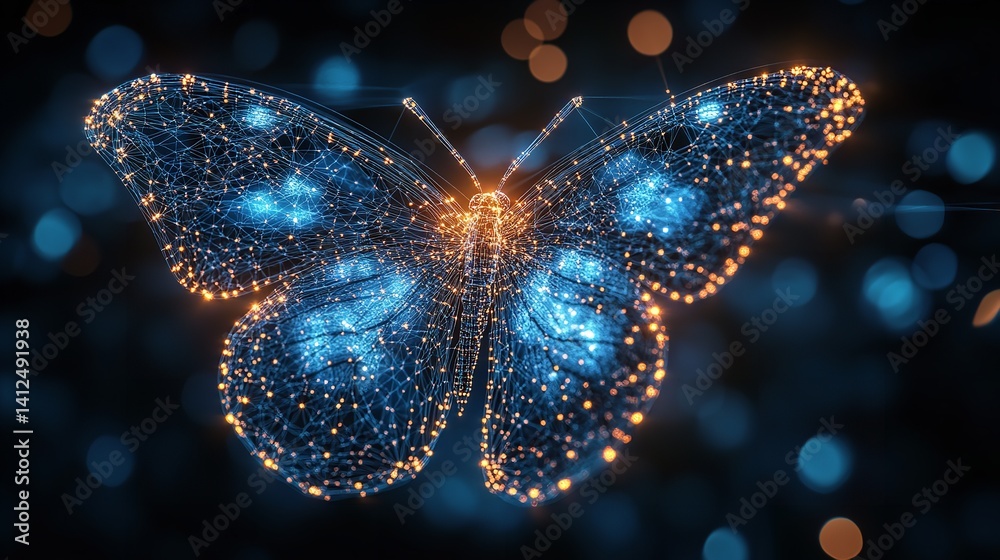 Digital Butterfly Glowing Wings Network Art Blue Orange Hues Dark Background