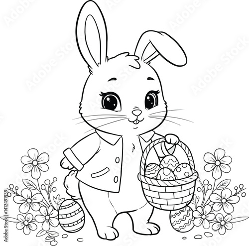 Easter bunny coloring page for kids and adults cute rabbit with basket of eggs line art illustration
