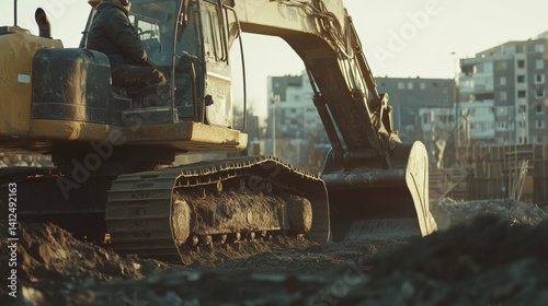 Heavy machinery operator maneuvering an excavator at a busy site. Featuring expertise and precision photo