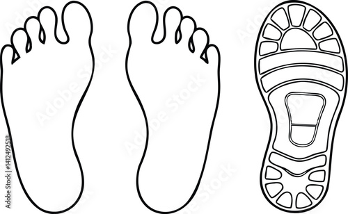 Outline of Human Footprints and Shoe Sole in Line Art Style