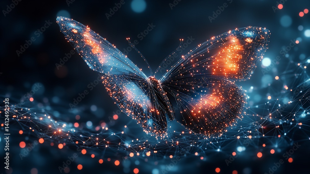 A luminous butterfly digital art glowing wings dark background vibrant orange and blue hues