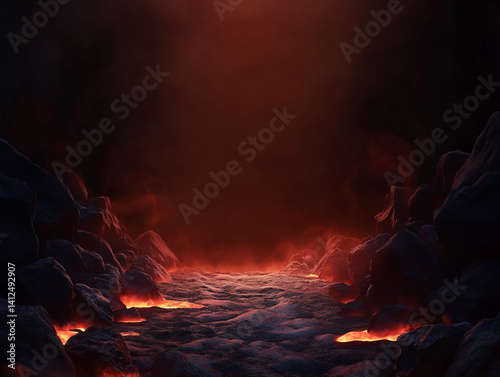 Hyper-realistic dark cave entrance with a black background, rugged rock walls on the left and right, and an intense glowing red light emerging from within.