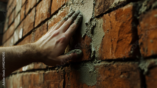 Mason applying finishing touches to a brick wall. Featuring masonry and construction