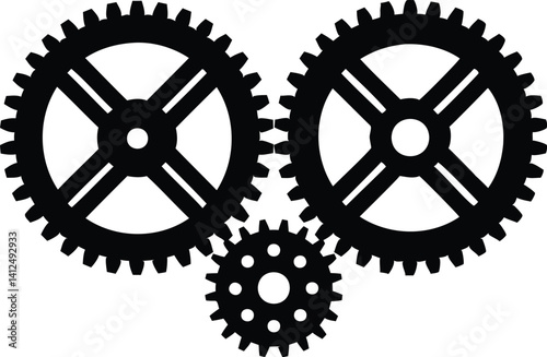 Vector illustration of three interlocking mechanical gears or cogs in black silhouette, symbolizing teamwork, engineering, motion, and mechanical industry concepts