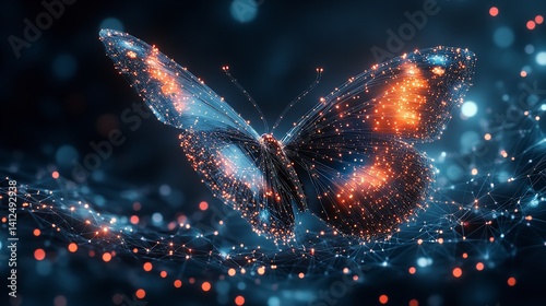 Obraz na płótnie A luminous butterfly digital art glowing wings dark background vibrant orange and blue hues w salonie