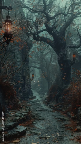 Mysterious forest path misty landscape