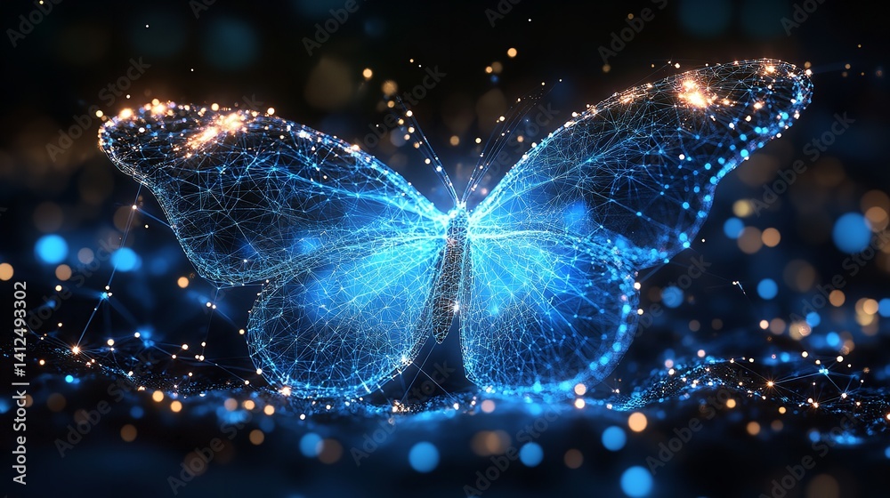 A luminous digital butterfly a symbol of transformation and technology glows with vibrant blue and