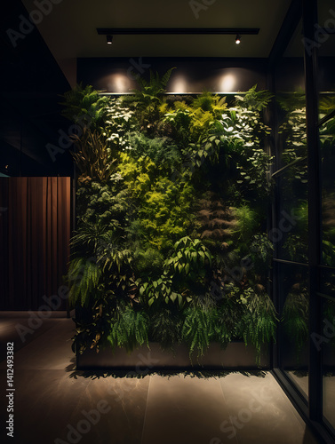 symbiotic living wall with soft animated light responding to environmental changes