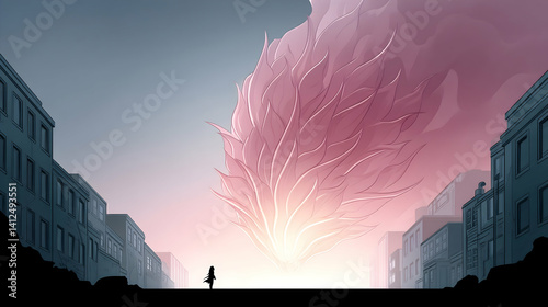 Silhouetted girl gazes at a colossal, pink, flower-like entity emerging from a sunrise over a city skyline