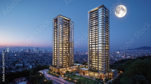 Modern high-rise residential towers at twilight