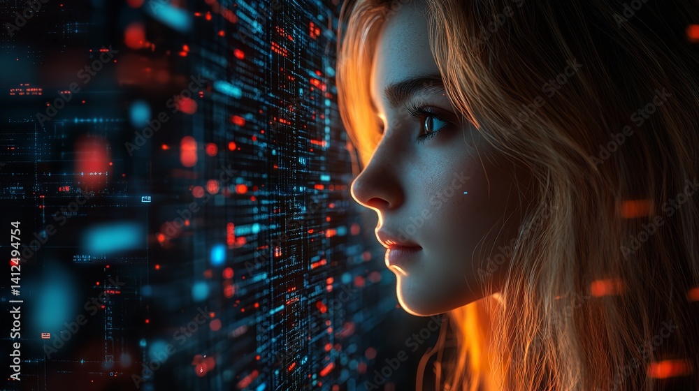 Woman gazing at futuristic digital screen vibrant red and blue hues intense expression captivating