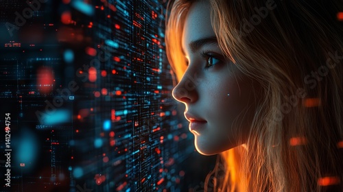 Obraz na płótnie Woman gazing at futuristic digital screen vibrant red and blue hues intense expression captivating w salonie