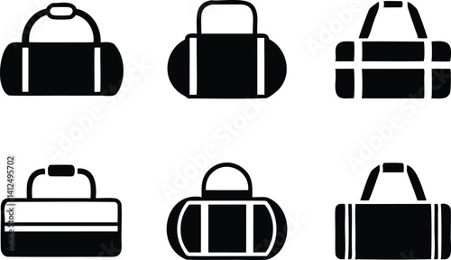 Set of duffel bag silhouette icons, black vector illustrations of travel and gym bags, ideal for packing, fitness accessories, luggage graphics, vacation branding, or sports-related design themes