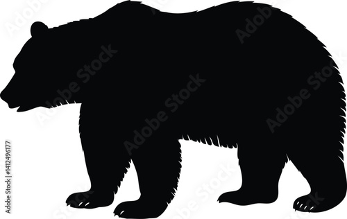 Realistic bear silhouette with fur texture in side view, black vector animal illustration on white background, ideal for wildlife projects, predator icons, forest animals, or wilderness-themed art
