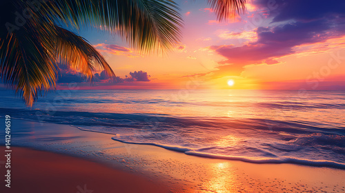 Tropical Sunset Beach: Palm fronds frame a breathtaking sunset over a tranquil ocean beach. The vibrant colors of the sky reflect in the gentle waves, creating a scene of serenity and paradise.