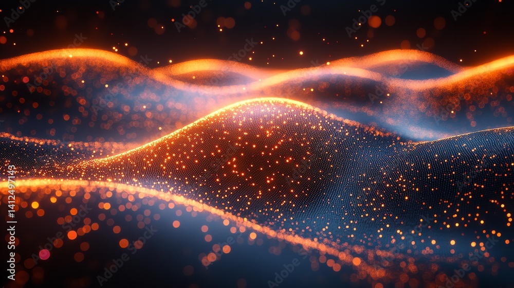 Glowing Ember Waves Abstract Dark Art with Orange Sparks Bokeh Effect