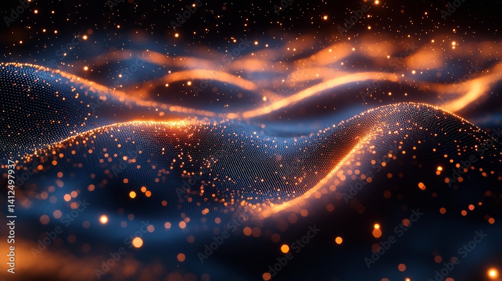 Dark energy glowing particles flow abstract cosmic waves vibrant blue orange hues digital art