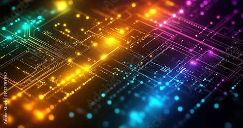A colorful image of a circuit board with many small dots