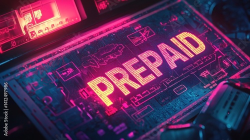 Bright Neon Prepaid Sign Displaying Modern Digital Technology Concept