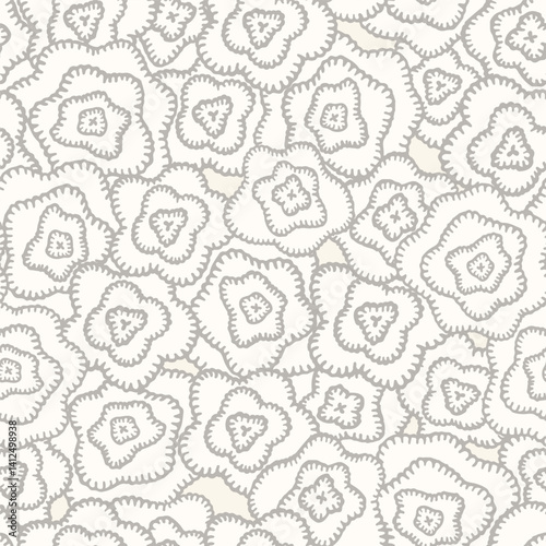 Floral embroidery vector background. Abstract seamless pattern with flowers. Lace texture. knitted by hand or machine. Granny and cottage core allover print for fabric, paper, textile, ads