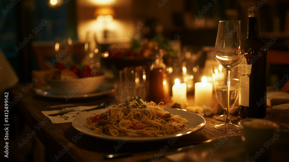 Dinner table set with pasta wine and candles in soft warm lighting Dinner table set with pasta wine and candles in soft warm lighting