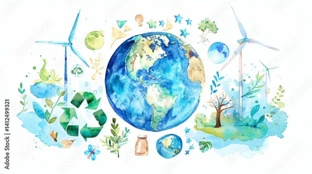 Naklejka premium Watercolor Earth Day Concept: Renewable Energy, Recycling, and Environmental Conservation for a Sustainable Future