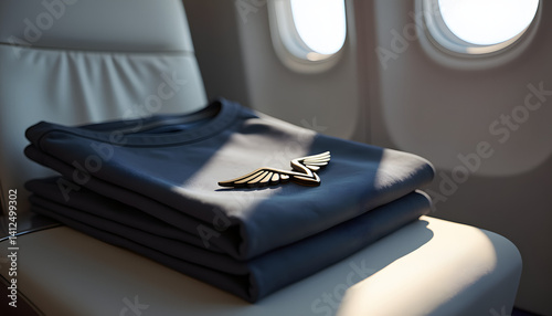 Folded airline uniforms displayed on a plane seat by window  