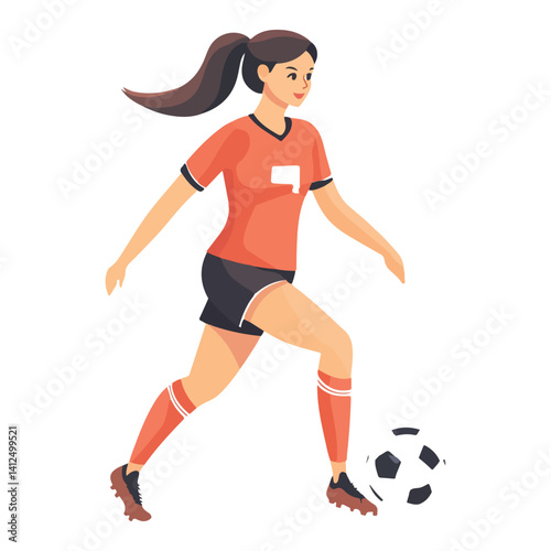 A young girl soccer player kicks the ball in a sports competition