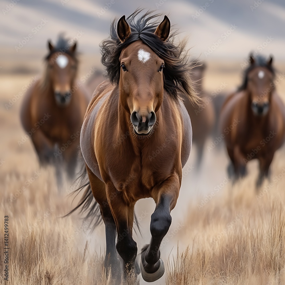 Obraz premium Wild Horses Running in a Golden Field