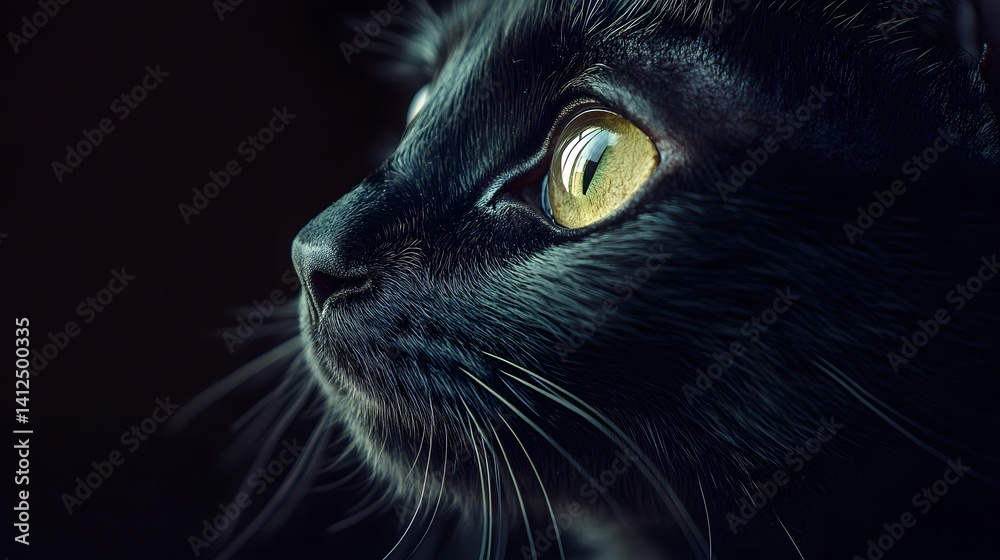 Black cat profile, golden eyes, dark background, pet portrait Black cat profile, golden eyes, dark background, pet portrait