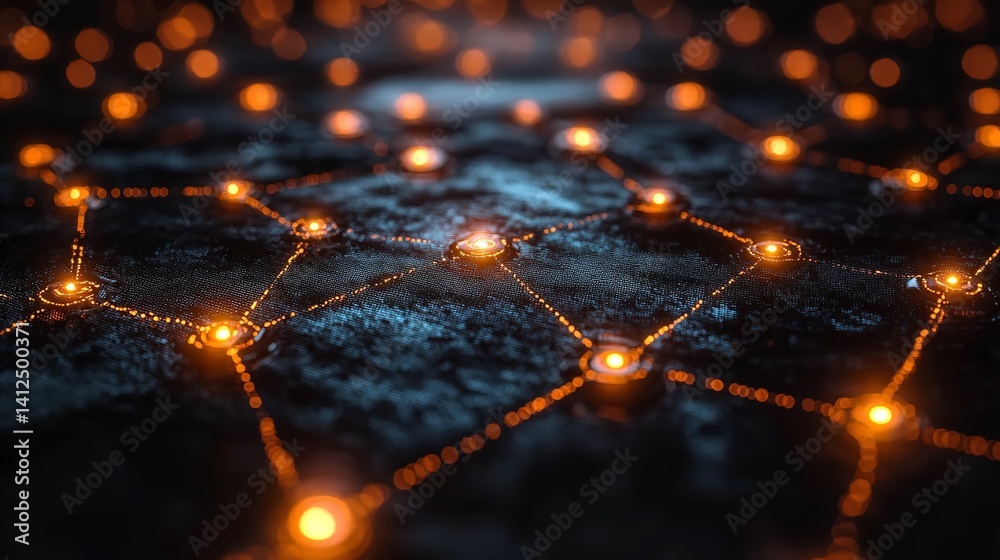Glowing Network Nodes Abstract Digital Connection Dark Background Orange Light Futuristic Tech
