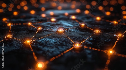 Glowing Network Nodes Abstract Digital Connection Dark Background Orange Light Futuristic Tech