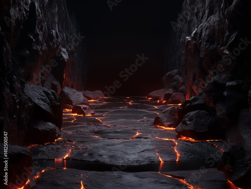 Dark background with rocks on theleft and right, lava flowing down from top to bottom, dark red light in the middle of the frame, empty spacein the center for product display