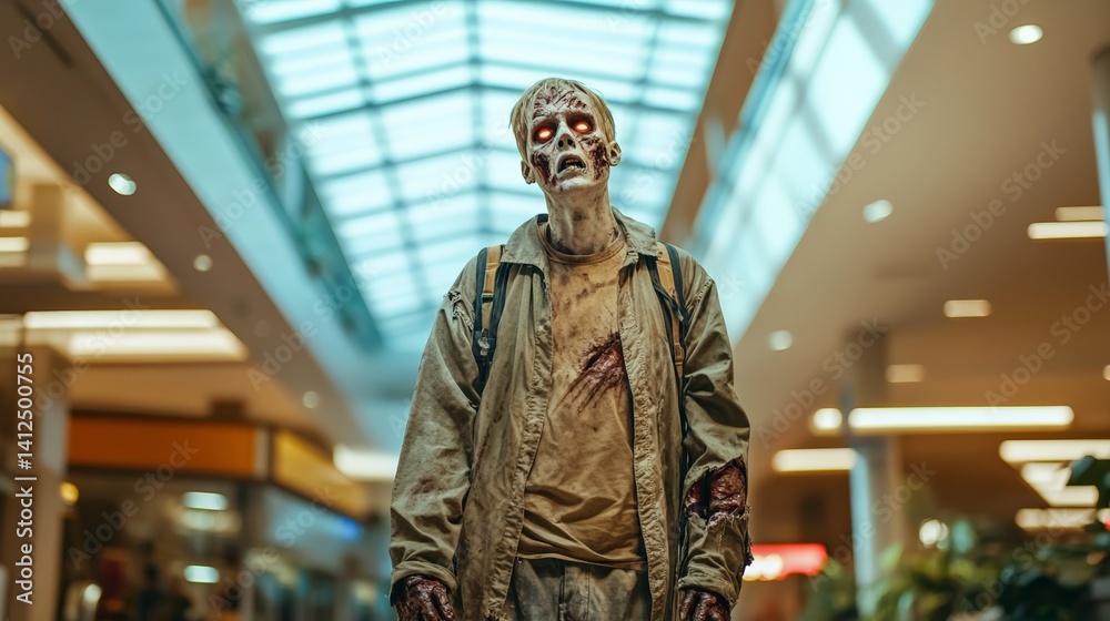 Naklejka premium Post apocalyptic scene of a single zombie with glowing eyes and bloody wounds, wandering through an empty, decaying shopping mall, highlighting themes of survival, horror, and societal collapse