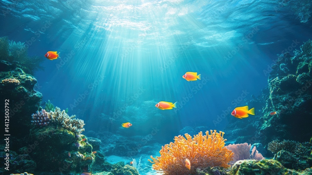 Naklejka premium Underwater scene with fish and coral reef creating a vibrant marine environment