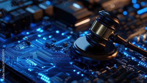 Gavel rests on a blue circuit board representing digital law or cybercrime.