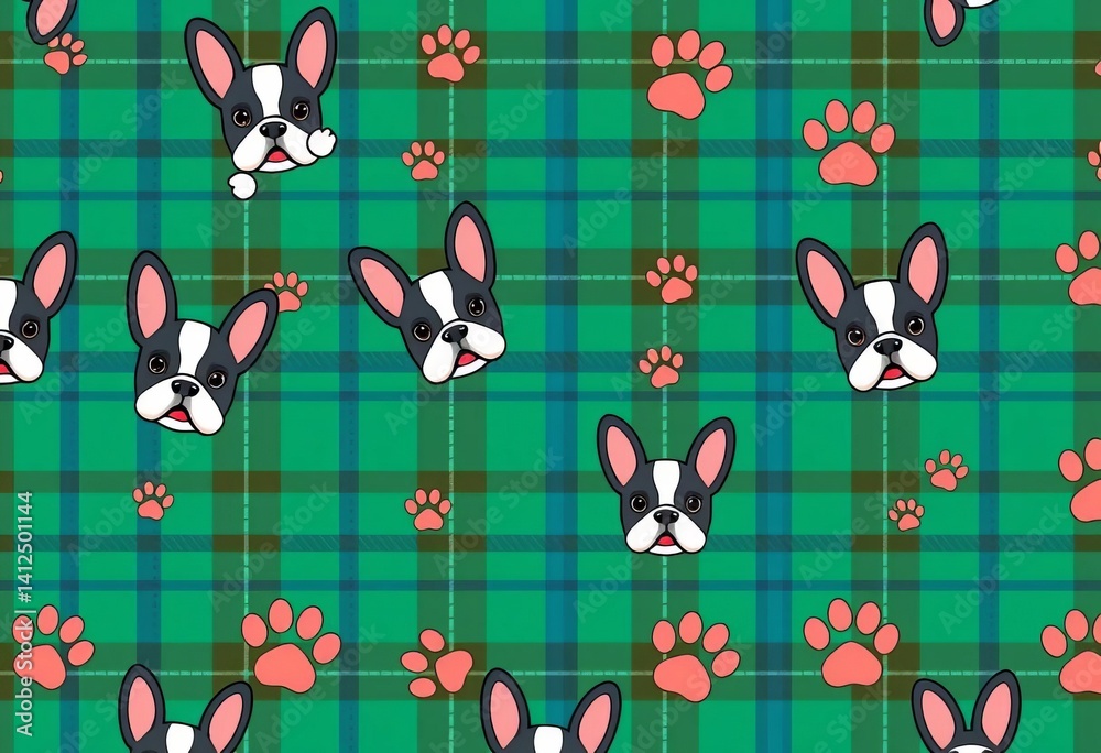 Seamless vector pattern of cute cartoon French bulldog paw prints on a tartan plaid background, tile, fabric Seamless vector pattern of cute cartoon French bulldog paw prints on a tartan plaid background, tile, fabric