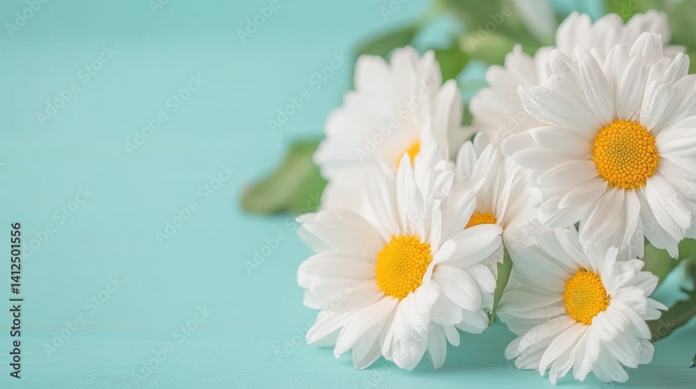 Obraz premium Daisies with white petals and yellow centers display freshness against a turquoise backdrop, creating a serene and uplifting ambiance