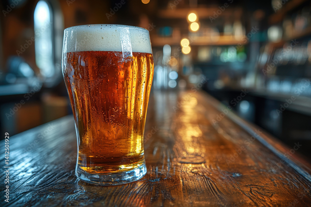 Glass of beer on bar counter with foam spilling over, surrounded by scattered peanuts and pretzels. Warm lighting creates cozy atmosphere. Glass of beer on bar counter with foam spilling over, surrounded by scattered peanuts and pretzels. Warm lighting creates cozy atmosphere.