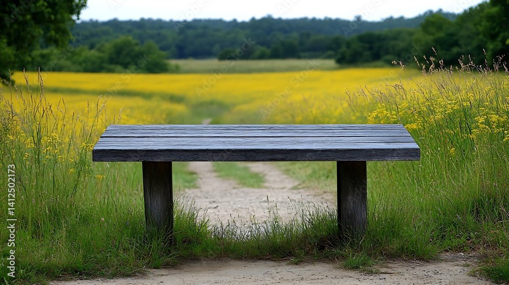 Wooden bench in a field, countryside Wooden bench in a field, countryside
