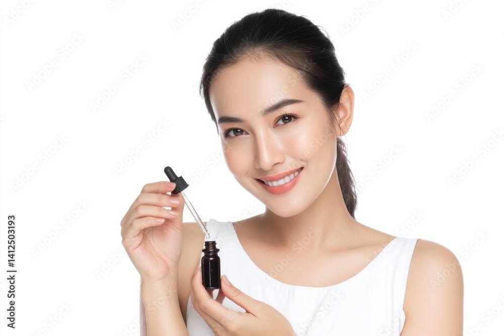 Beauty routine serum application studio portrait bright lighting close-up skincare essentials