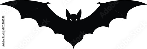 Silhouette of bat with wings spread wide in front view, black vector illustration on white background, perfect for Halloween, nocturnal animals, spooky art, or flying wildlife themes
