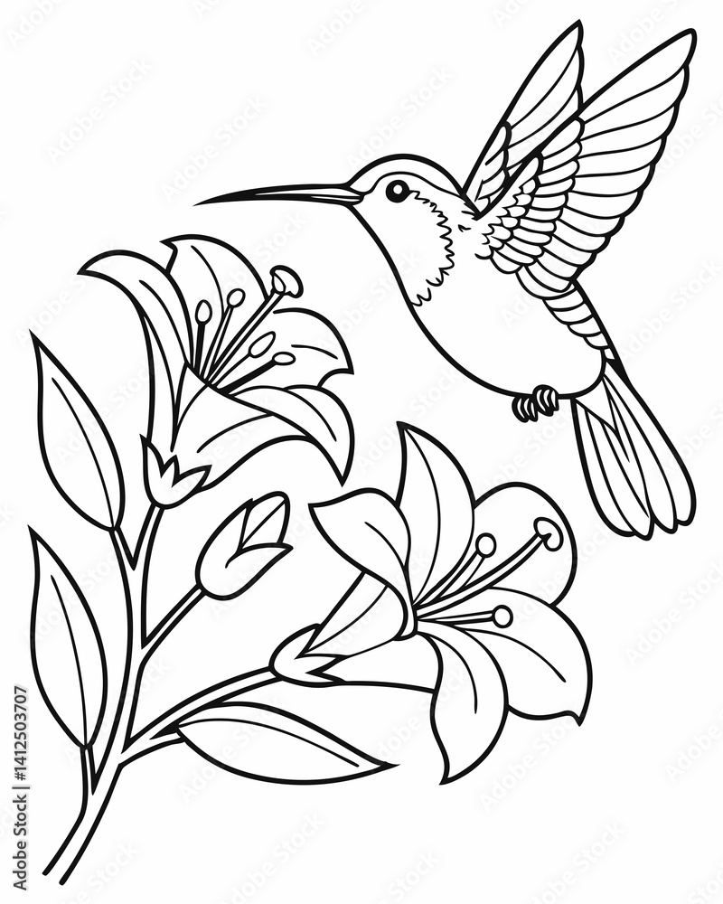 Fototapeta premium Hummingbird and Flower Coloring Page – Line Art for Creative Coloring Fun
