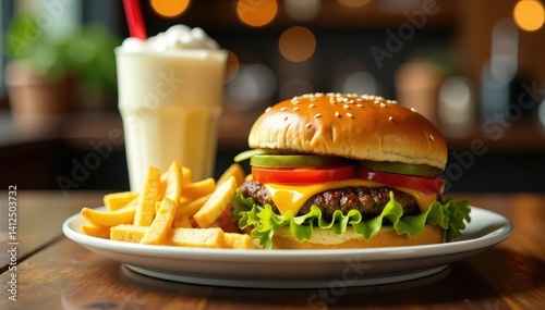 Close-up of greasy burger, fries, and milkshake on white , salty, shake, burger