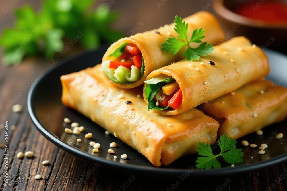 Crispy spring rolls, vibrant vegetables, sesame seeds, chinese food, white background, appetizer Crispy spring rolls, vibrant vegetables, sesame seeds, chinese food, white background, appetizer