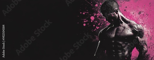 Against a dark background, a muscular bodybuilder stands out in a neon pink splash, composing an explosion banner that features copy space