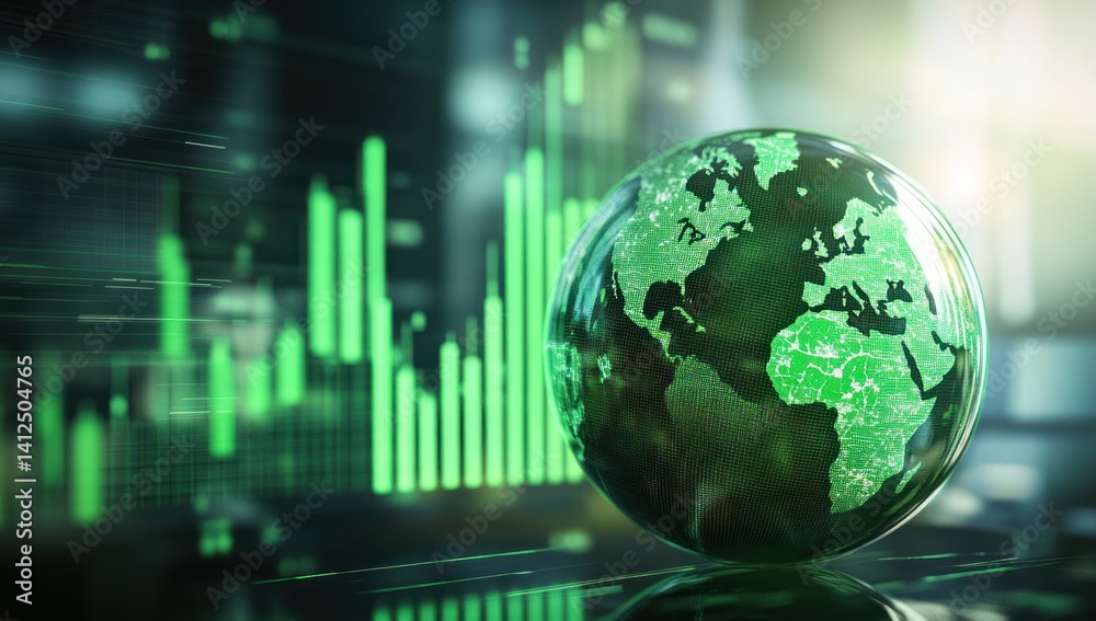 Globe with glowing continents and a financial chart in the background. Globe with glowing continents and a financial chart in the background.