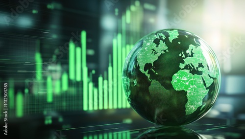 Globe with glowing continents and a financial chart in the background.