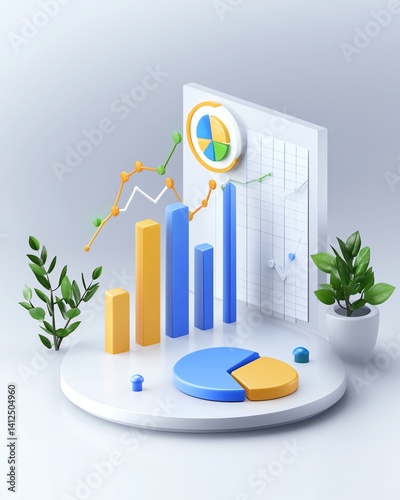 Isometric 3D business dashboard with bar chart rising upward and pie chart statistics